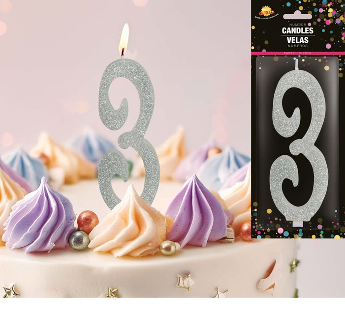 Zilveren Kaars 3 Jaar Glitter 12,5cm van Fiestas Guirca koop je bij Partywinkel