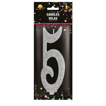 Zilveren Kaars 5 Jaar Glitter 12,5cm van Fiestas Guirca koop je bij Partywinkel