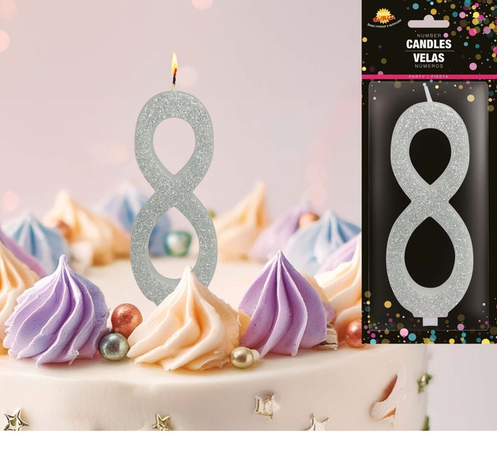Zilveren Kaars 8 Jaar Glitter 12,5cm van Fiestas Guirca koop je bij Partywinkel