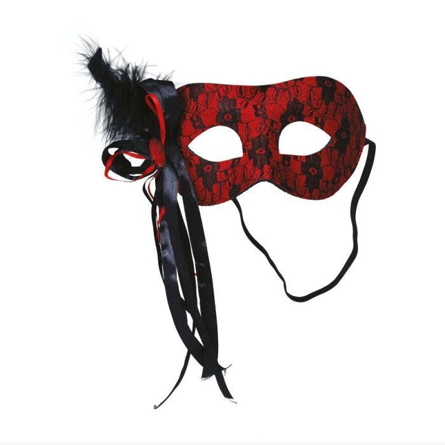 Zwart Rode Oogmasker Veer van Fiestas Guirca koop je bij Partywinkel