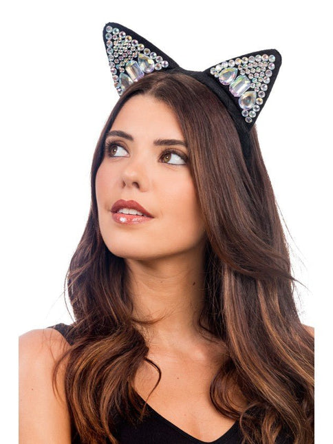 Zwarte Kattenoren Diadeem met Strass 22x17cm van CHAKS koop je bij Partywinkel