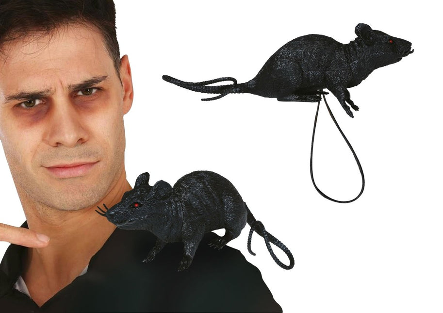 Zwarte Nep Rat Met Elastiek 16cm van Fiestas Guirca koop je bij Partywinkel