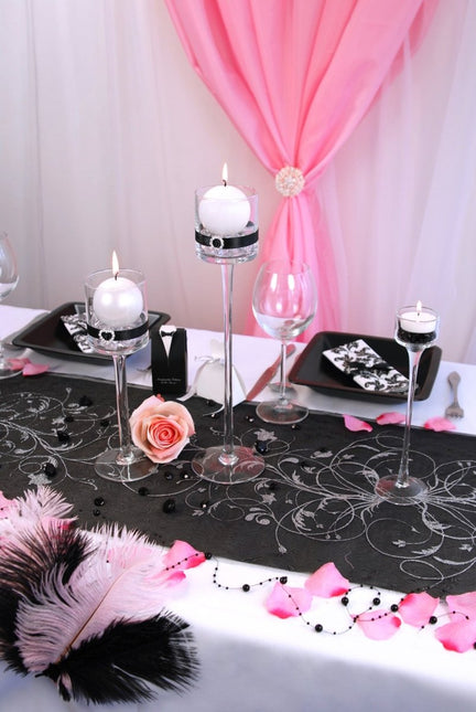 Zwarte Organza Stof Zilveren Bloemen 36cm 9m van Partydeco koop je bij Partywinkel