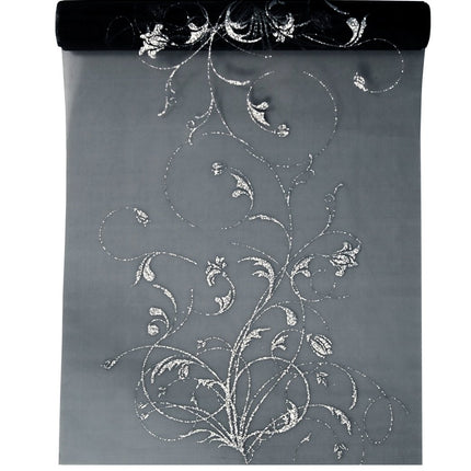 Zwarte Organza Stof Zilveren Bloemen 36cm 9m van Partydeco koop je bij Partywinkel