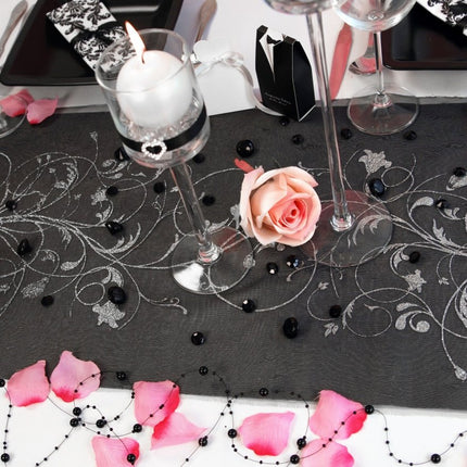 Zwarte Organza Stof Zilveren Bloemen 36cm 9m van Partydeco koop je bij Partywinkel